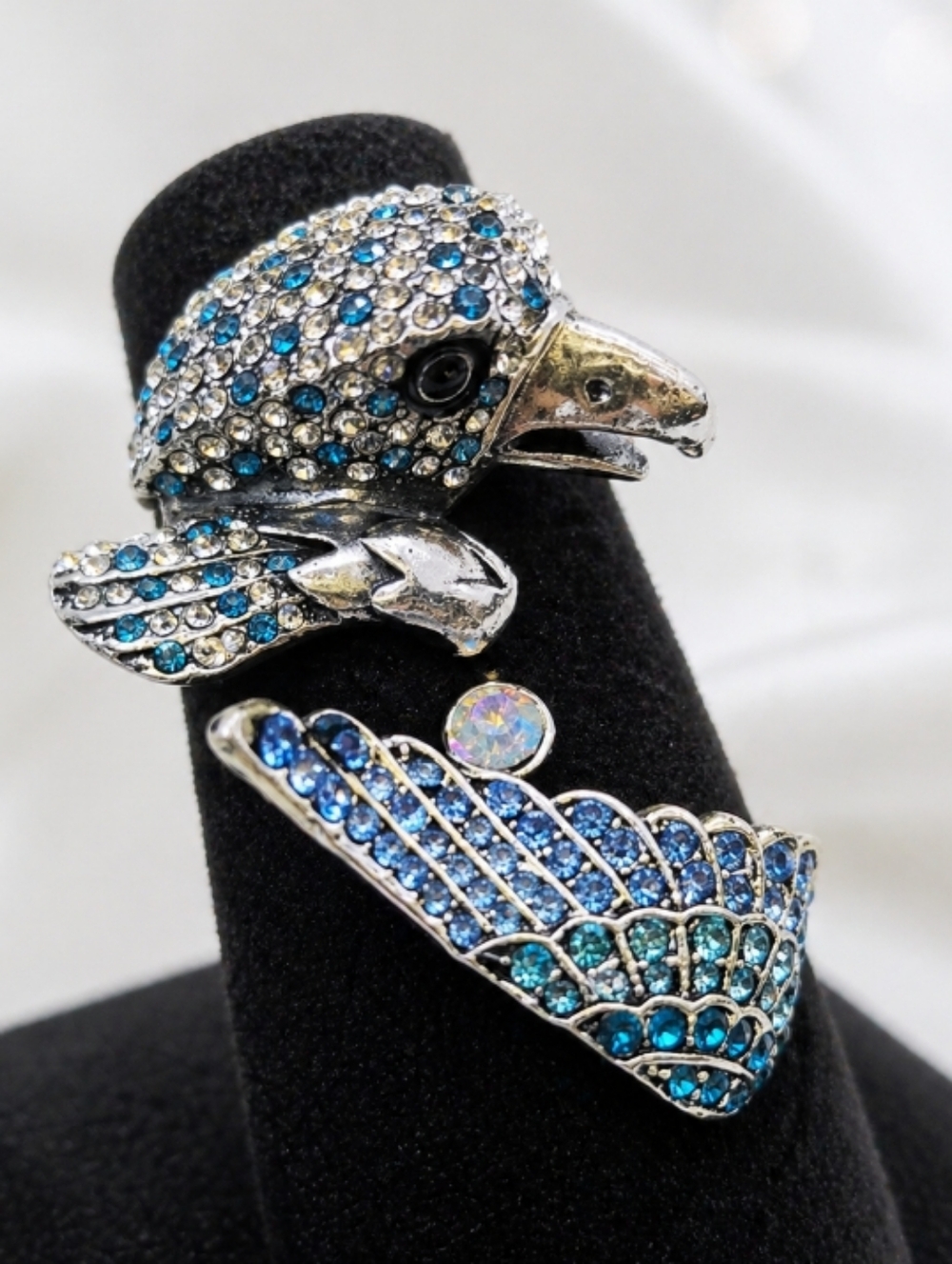 2 Silver-Tone Blue Crystal Bird Wrap Ring - Women's Fashion Jewelry